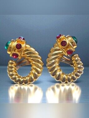 Vintage 1980's Twisted Cable Glass Mogul Cabochon Clip-on Earrings